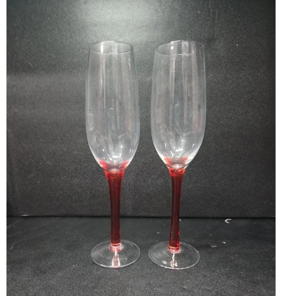 Red Stemmed Champagne Flutes, Set of 2, Hand Blown Toasting Glasses, Stemware‎